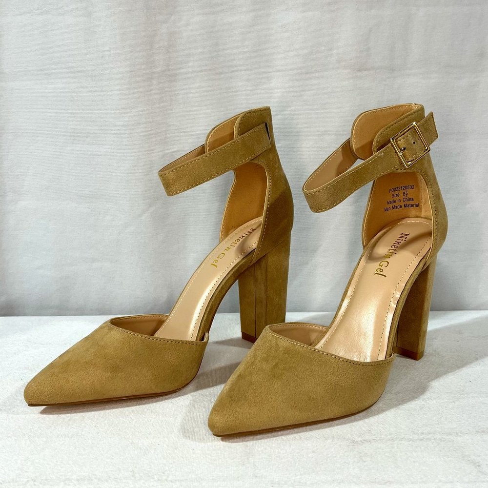 NEW Women's Ninetin Gel Nude Suede High Heeled Shoes with Strap, Size 8.5